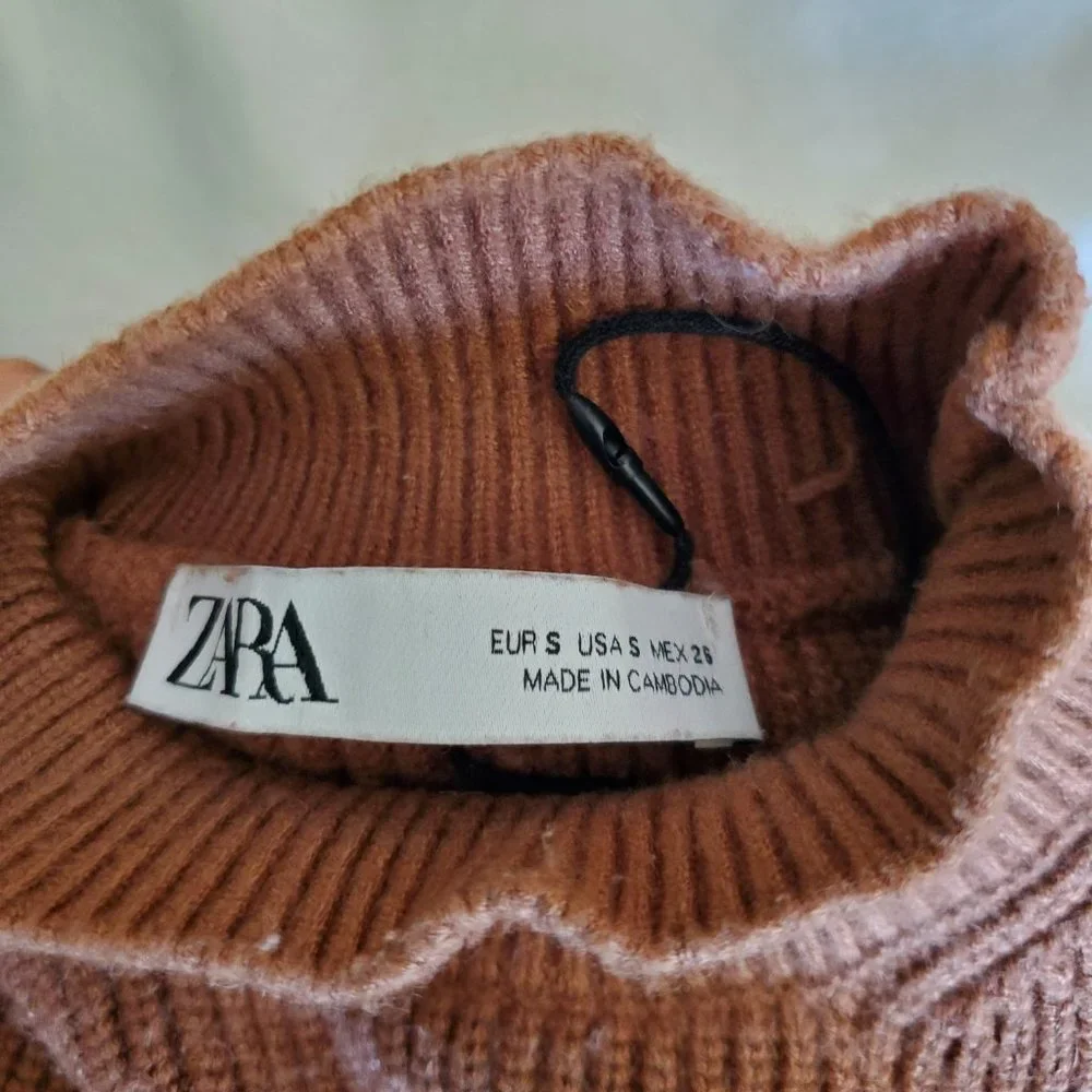 ZARA | Turtleneck Tapered Sleeve Ribbed Bodice Warm Brown Sweater (Size S) - Picture 7 of 9